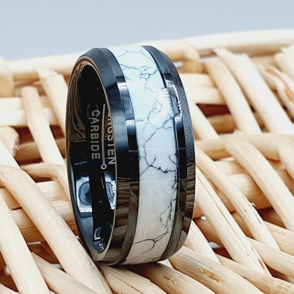 White Tungsten Ring, Cork Inlay, Turquoise Engrave Ring, GALTUN981 - Picture 1 of 5
